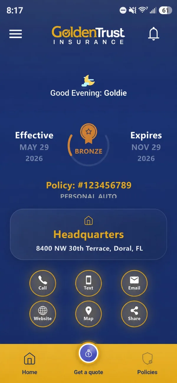 GoldenTrust app home screen showing the policy, agency and contact buttons